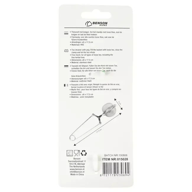 Benson Fijnmazige RVS theezeef klem met handig knijperontwerp voor alle soorten losse thee