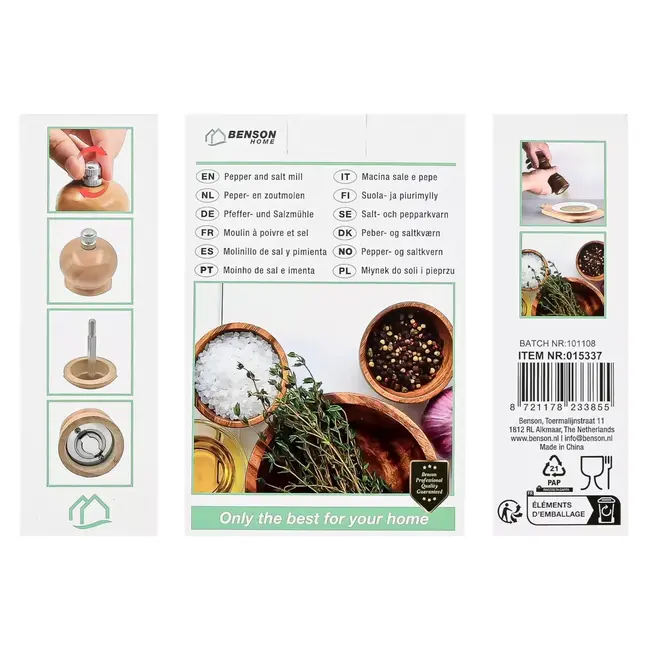 Benson Houten peper en zoutmolen set van 14 cm met verstelbaar maalmechanisme voor elke korrelgrootte