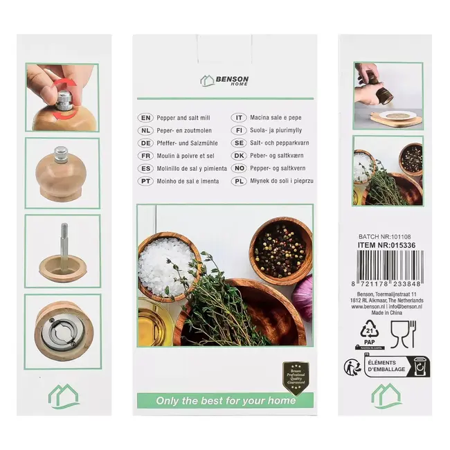 Benson Houten peper en zoutmolen set 21 cm met verstelbare grof of fijn maling