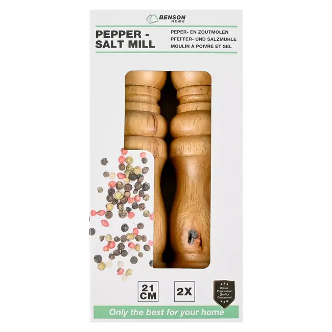 Benson Houten peper en zoutmolen set 21 cm met verstelbare grof of fijn maling