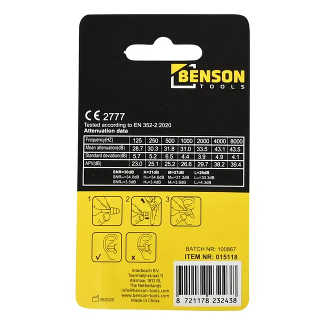 Benson Vliegtuig oordoppen met 30 dB demping voor comfortabel vliegen