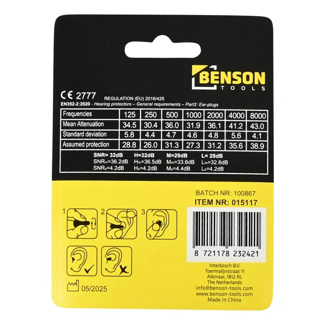 Benson Comfortabele herbruikbare oordoppen met koord en 32 dB geluidsdemping voor dagelijks gebruik