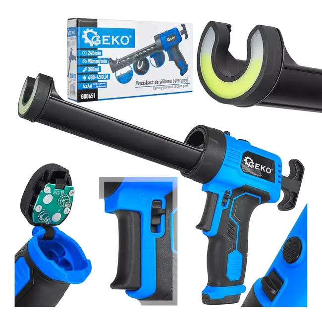 GEKO Batterijgevoede kitspuit 6 volt met ledlicht en constante doseersnelheid voor strak kitwerk