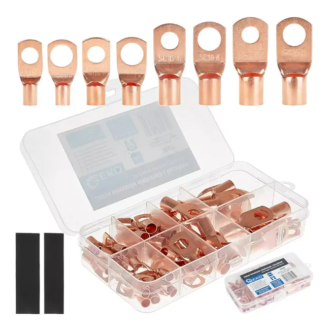 GEKO Complete 140-delige koperen kabelschoenenset met M6/M8 ringen en krimpkousen