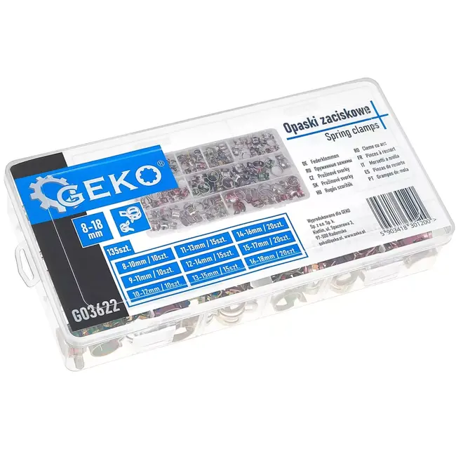 GEKO 135-delige veerslangklemset 8–18 mm voor voertuigen, machines en werkplaatsen