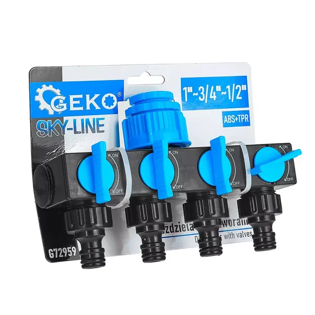 GEKO Sky-Line 4-weg waterverdeler met 1" aansluiting en reducties voor 3/4" en 1/2"