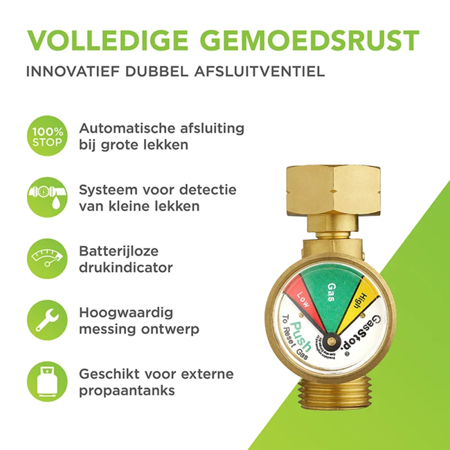 GasStop automatische noodstopklep met lektester en gasniveau-indicator - 6 stuks in display box
