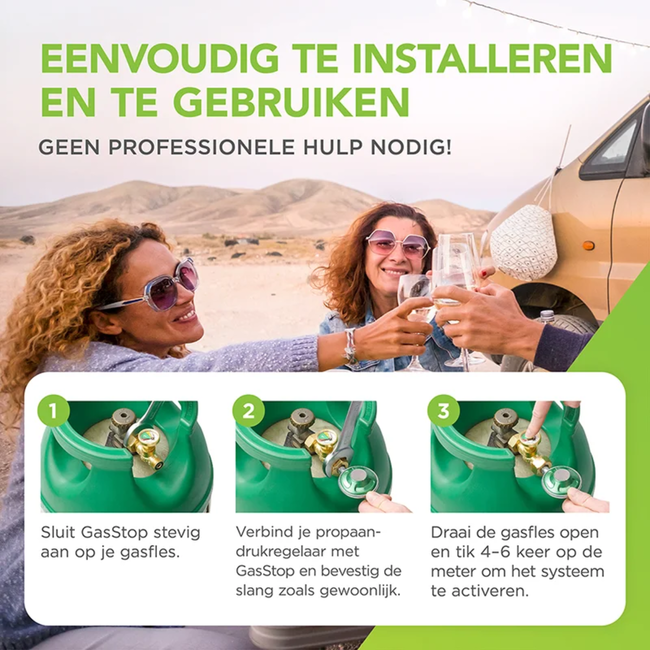 GasStop automatische noodstopklep met lektester en gasniveau-indicator - 6 stuks in display box