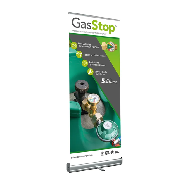 GasStop Professionele GasStop roll-up banner 85×205 cm met duidelijke uitleg en productvoordelen