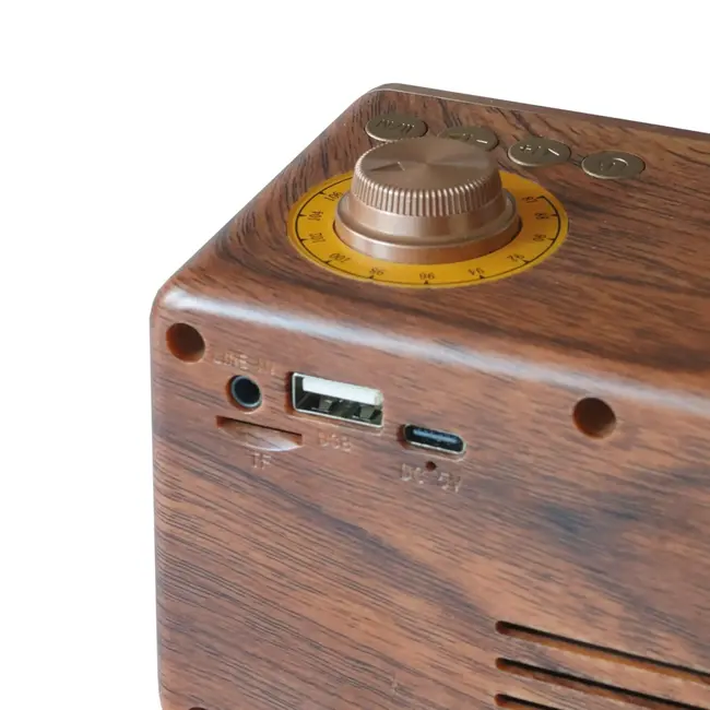 TIROSS Draagbare noodradio met fm, bluetooth, usb en accu in compacte houtlook behuizing