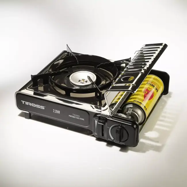 TIROSS Draagbaar noodkooktoestel op butaangas 2,2 kW met piezo ontsteking, veilige gascartouches en draagkoffer voor noodpakket