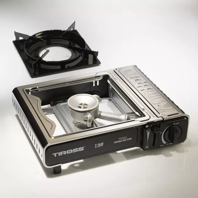 TIROSS Draagbaar noodkooktoestel op butaangas 2,2 kW met piezo ontsteking, veilige gascartouches en draagkoffer voor noodpakket