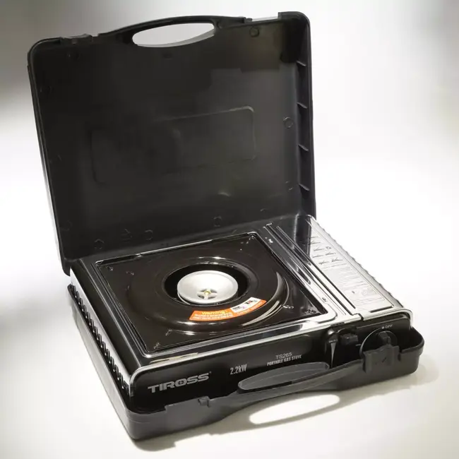 TIROSS Draagbaar noodkooktoestel op butaangas 2,2 kW met piezo ontsteking, veilige gascartouches en draagkoffer voor noodpakket