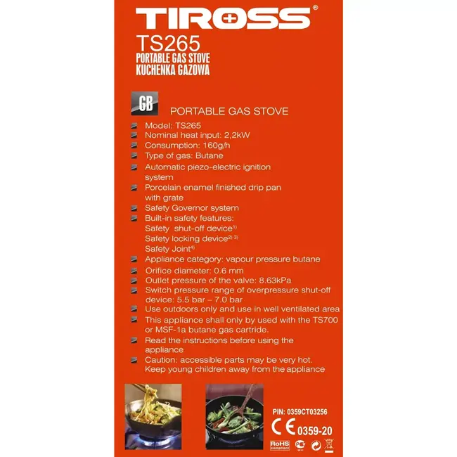 TIROSS Draagbaar noodkooktoestel op butaangas 2,2 kW met piezo ontsteking, veilige gascartouches en draagkoffer voor noodpakket