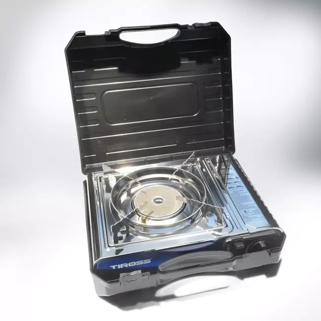 TIROSS Veilig draagbaar keramisch gaskooktoestel op butaangas 1,65 kW met piezo ontsteking en draagkoffer voor noodpakket