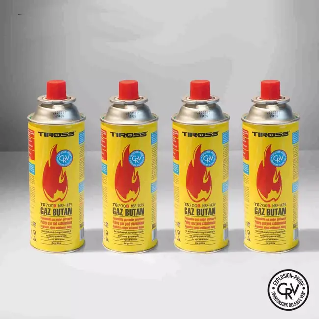 TIROSS Veilige CRV Butaan gasbussen 4 stuks voor campingkooktoestel, gaslamp en noodpakket met explosieveilig ontwerp volgens Europese EN417 norm