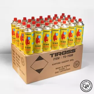 TIROSS Grote omdoos met 28 CRV gascartouches voor campingkooktoestel en noodpakket, explosieveilig volgens Europese EN417 norm