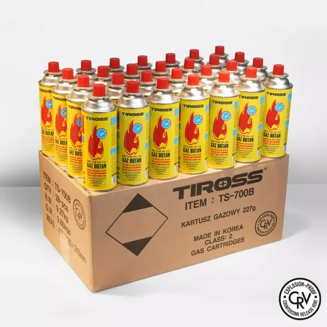 TIROSS Grote omdoos met 28 CRV gascartouches voor campingkooktoestel en noodpakket, explosieveilig volgens Europese EN417 norm