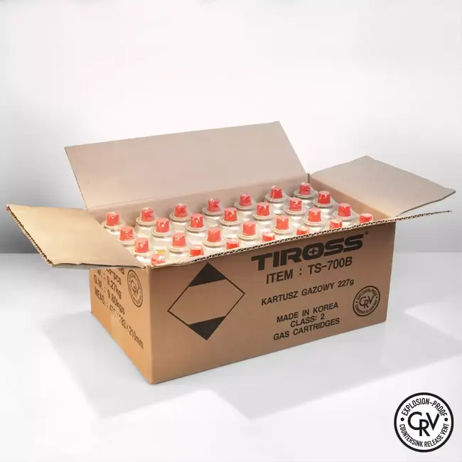 TIROSS Grote omdoos met 28 CRV gascartouches voor campingkooktoestel en noodpakket, explosieveilig volgens Europese EN417 norm