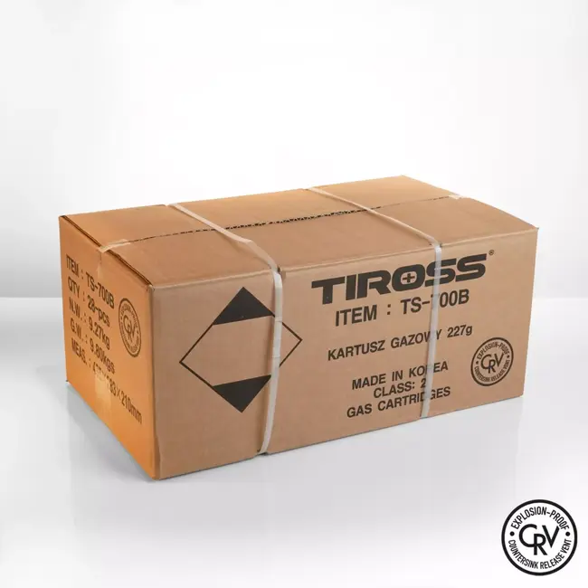 TIROSS Grote omdoos met 28 CRV gascartouches voor campingkooktoestel en noodpakket, explosieveilig volgens Europese EN417 norm