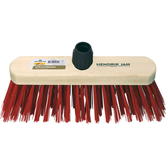 Hendrik Jan Straatbezem 29 cm met harde rode kunstvezels en steelhouder, ideaal voor grof vuil en nat weer