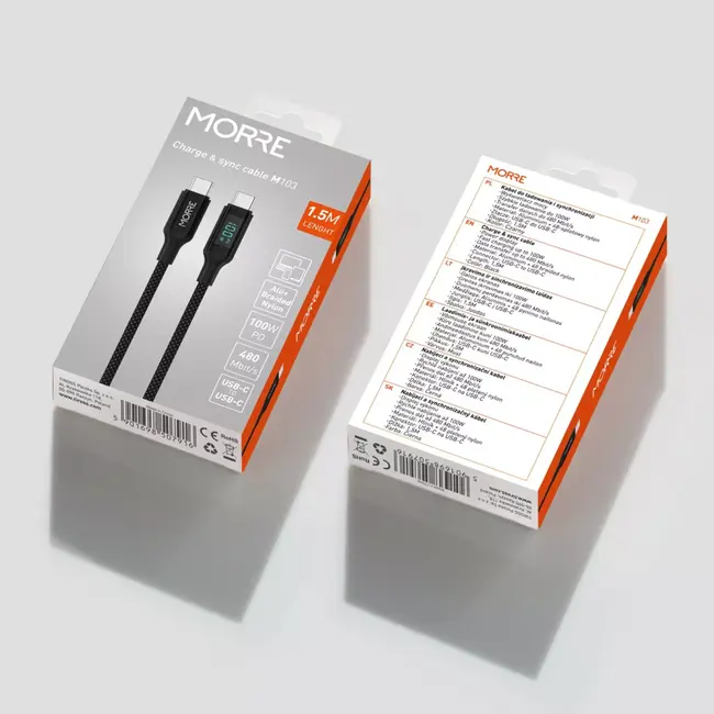 MORRE USB-C naar USB-C kabel 1,5 m met vermogensdisplay, snelladen 100 W, aluminium