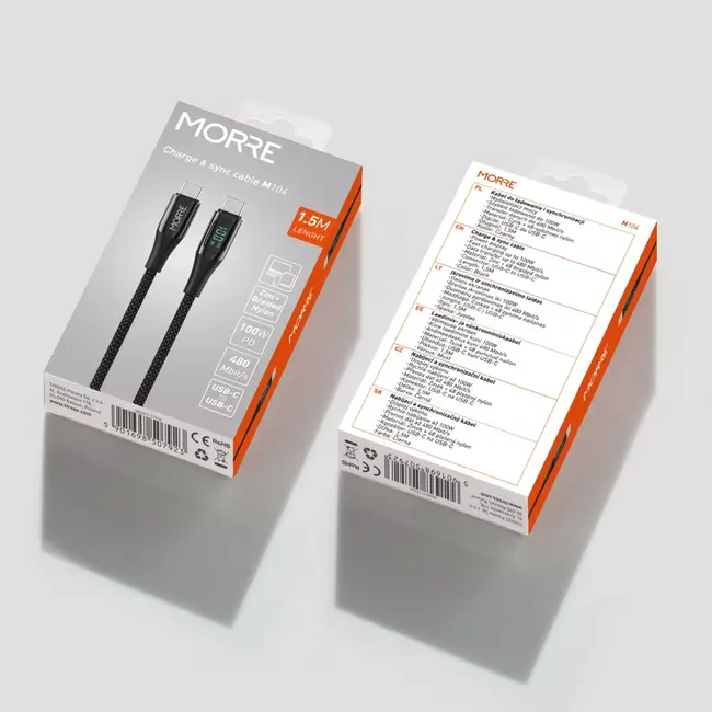 MORRE Gevlochten USB-C naar USB-C kabel 1,5 m met display, 100 W, zink en 480 Mbit/s