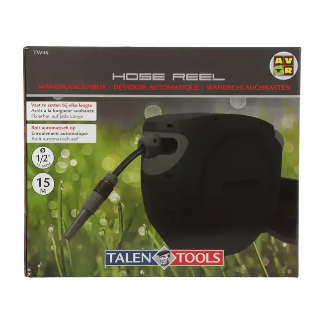 Talen Tools Wandslangenbox - deluxe - Tuinslang 13 mm van 15 meter - Met muurbeugel - Automatisch oprolsysteem