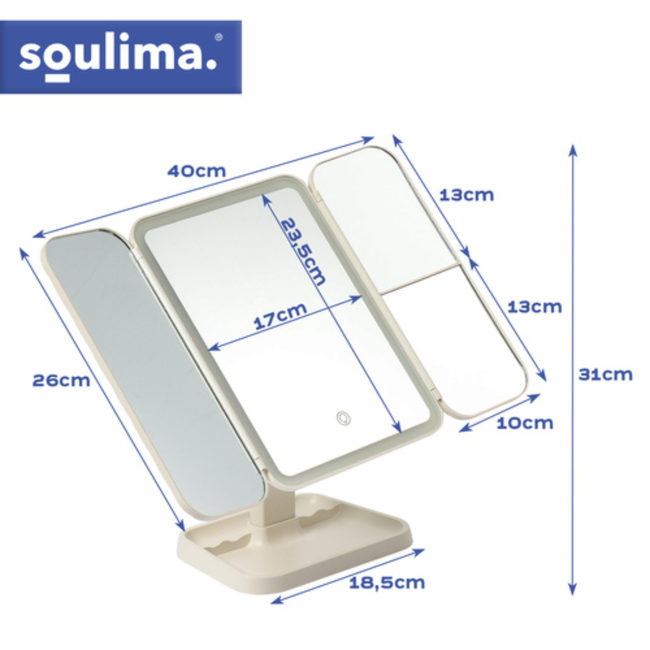 Soulima Verlichte make-upspiegel met 3 panelen, 2x en 3x vergroting en instelbaar licht