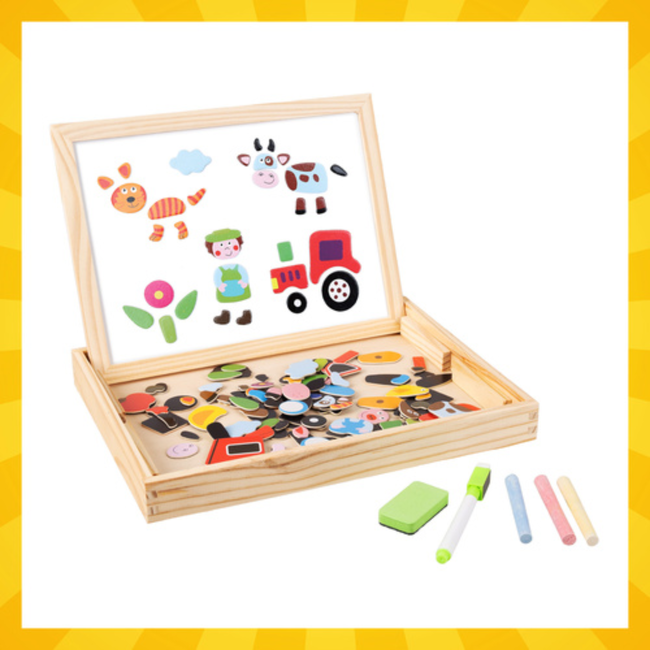 Kruzzel Dubbelzijdig tekenbord met magneten en krijtbord, 108 delen in houten koffer