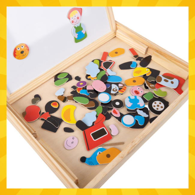 Kruzzel Dubbelzijdig tekenbord met magneten en krijtbord, 108 delen in houten koffer