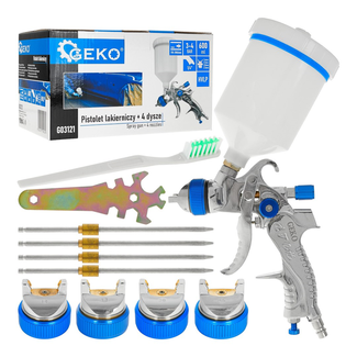 GEKO HVLP verfspuitpistool met metalen body, 600 ml en 4 spuitmonden 1,4-2,5 mm, instelbaar spuitbeeld