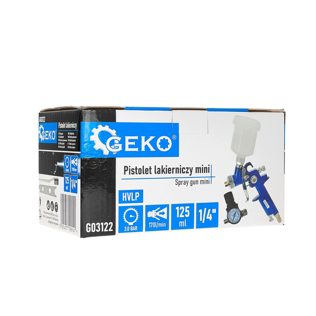 GEKO Mini HVLP verfspuit met bovenbeker 125 ml, 0,8 mm en drukregelaar met manometer 1/4 duim