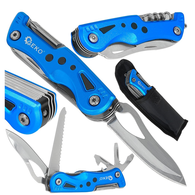 GEKO Multigereedschap met mes, zaag, schroevendraaiers en zaklamp, inclusief etui voor klus en camping