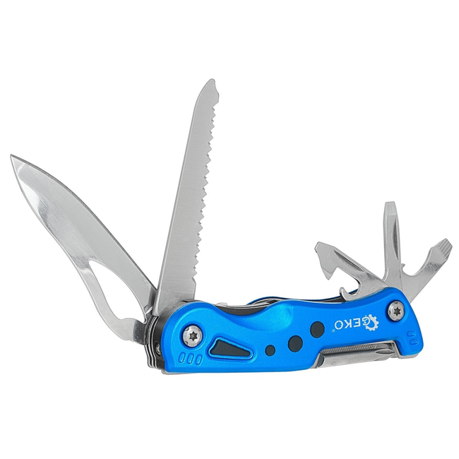 GEKO Multigereedschap met mes, zaag, schroevendraaiers en zaklamp, inclusief etui voor klus en camping