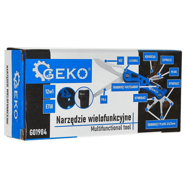 GEKO Multigereedschap met mes, zaag, schroevendraaiers en zaklamp, inclusief etui voor klus en camping