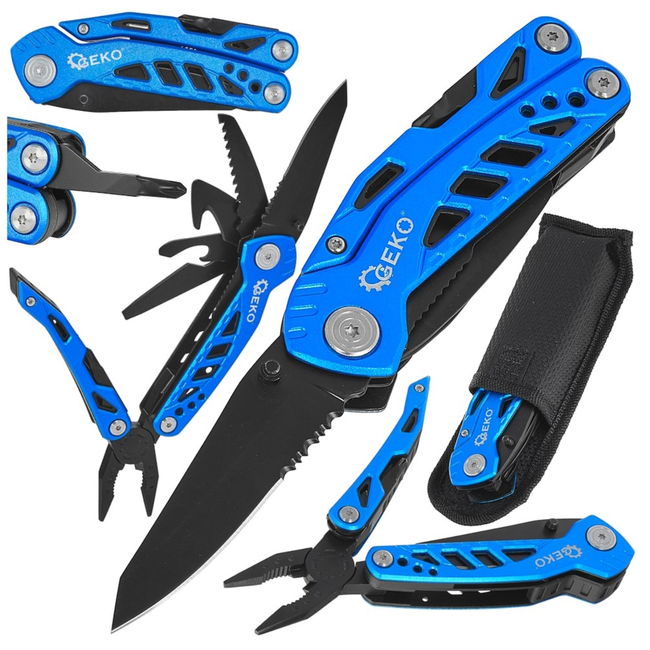 GEKO Multigereedschap met tang, mes, zaag en gordelsnijhaak, met etui voor camping en auto