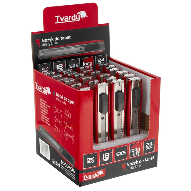 Tvardy Professioneel metalen afbreekmes 18 mm met SK5 mesblad en riemclip, displaydoos