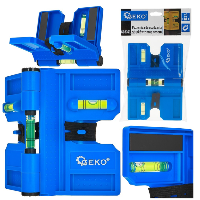 GEKO Scharnierende magnetische palenwaterpas met elastische band en 3 libellen