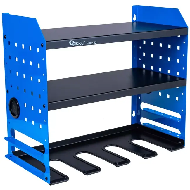 GEKO Metalen wandrek met 4 gereedschapssleuven en 2 legplanken, verstelbaar 7 niveaus