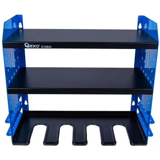 GEKO Metalen wandrek met 4 gereedschapssleuven en 2 legplanken, verstelbaar 7 niveaus