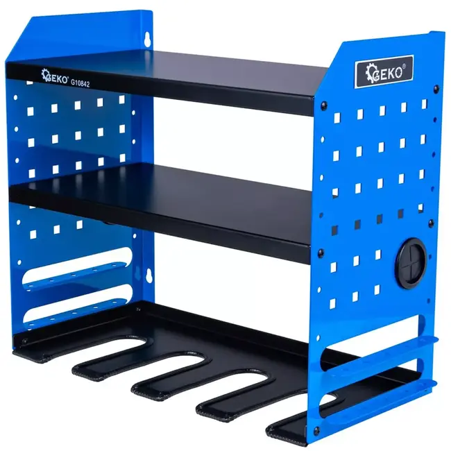 GEKO Metalen wandrek met 4 gereedschapssleuven en 2 legplanken, verstelbaar 7 niveaus