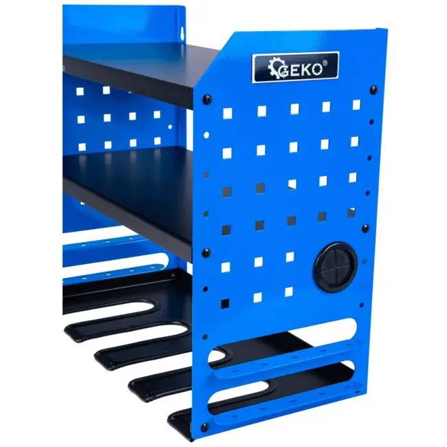 GEKO Metalen wandrek met 4 gereedschapssleuven en 2 legplanken, verstelbaar 7 niveaus