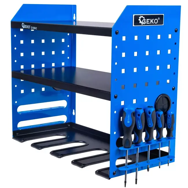 GEKO Metalen wandrek met 4 gereedschapssleuven en 2 legplanken, verstelbaar 7 niveaus