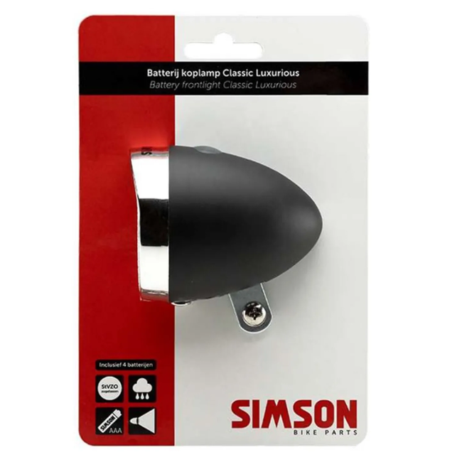 Simson Koplamp zwart op batterij - model Luxurious voor gebruik als fietsverlichting aan de voorzijde
