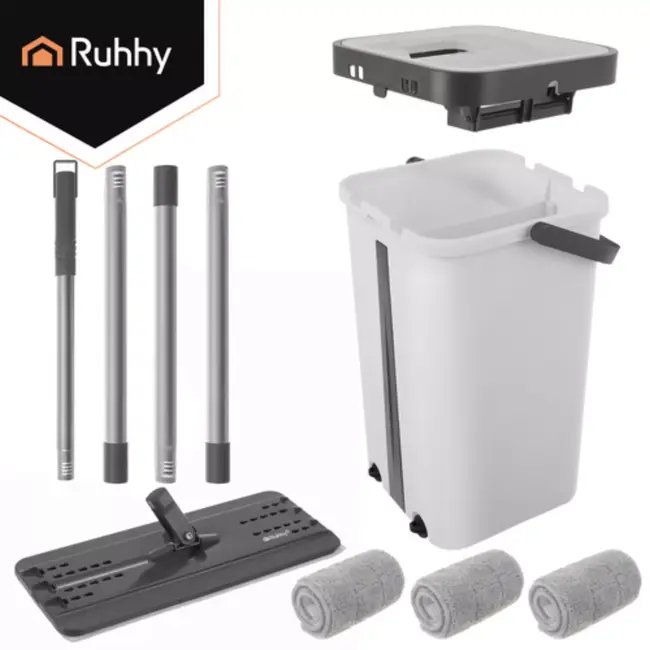 Ruhhy Platte vloerwisser met dubbele kamer, 11 L emmer en 3 wasbare hoezen