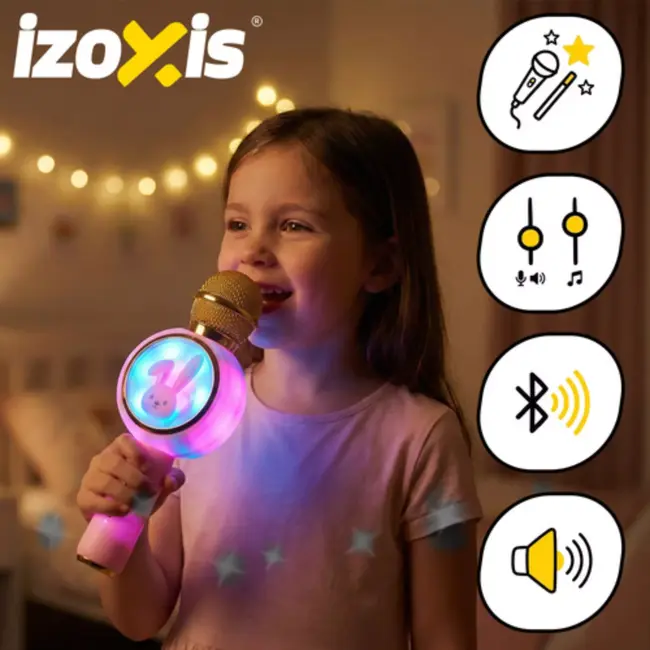 Izoxis Draadloze roze karaoke microfoon voor kinderen met speaker en verlichting