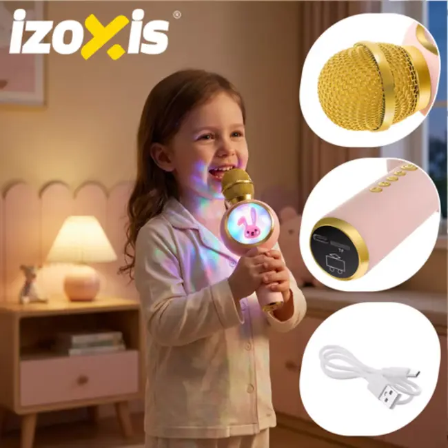 Izoxis Draadloze roze karaoke microfoon voor kinderen met speaker en verlichting