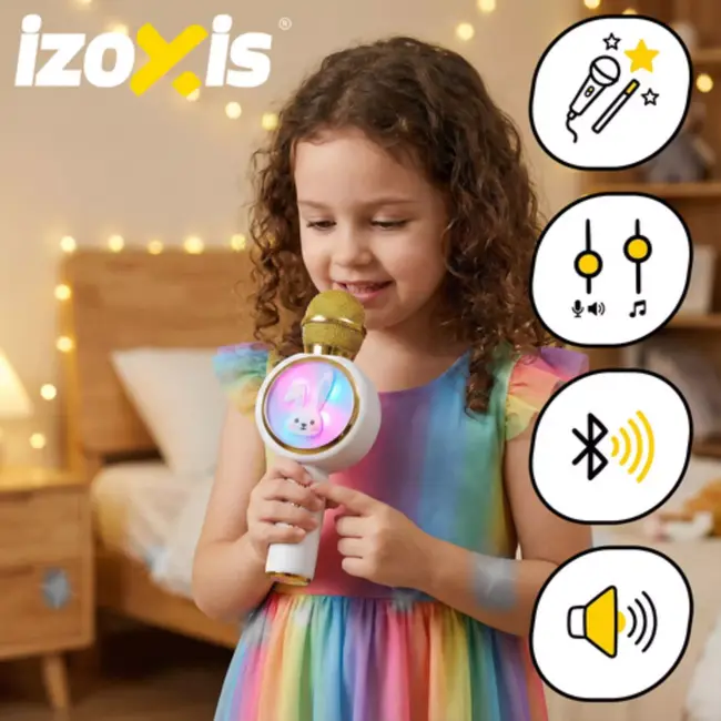 Izoxis Draadloze witte karaoke microfoon voor kinderen met speaker en verlichting