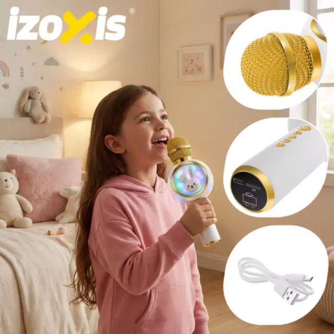 Izoxis Draadloze witte karaoke microfoon voor kinderen met speaker en verlichting